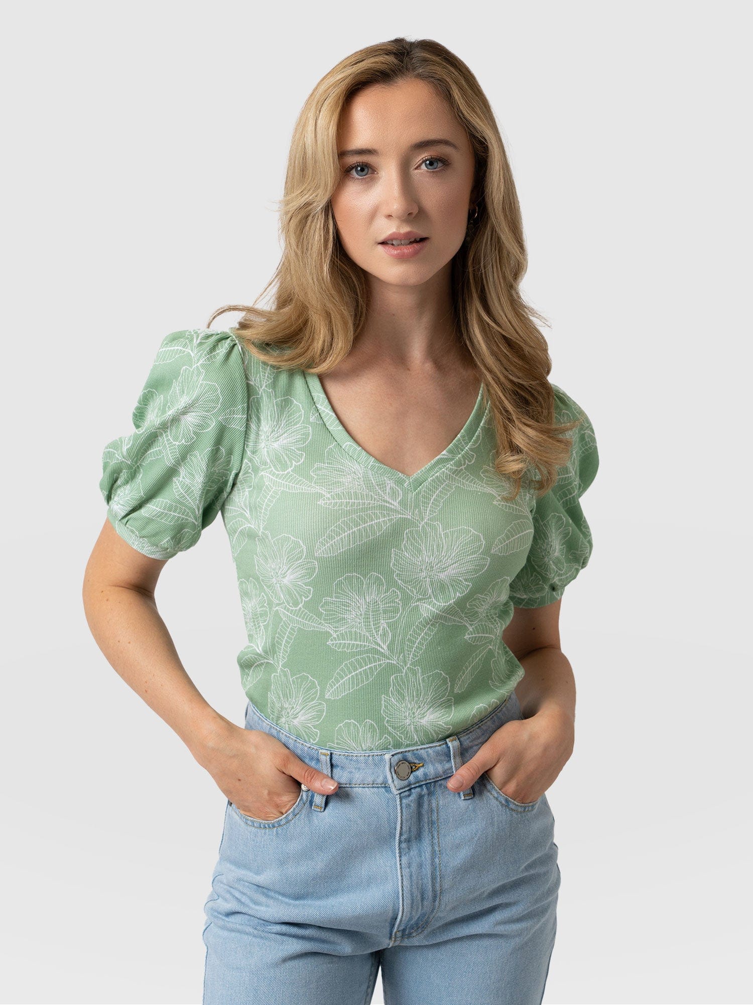 Cavendish V Neck Tee Green Stencil Floral - Women's T-Shirts | Saint + Sofia® UK